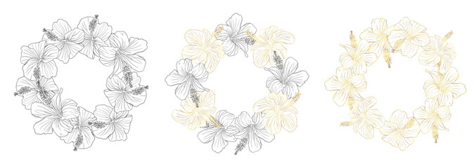 Wall Mural - A black ink and gold flower wreath set with a black and white flower wreath. The flowers are arranged in a circular pattern.