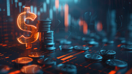 Leinwandbilder - 3d illustration depicting glowing dollar sign and virtual coins representing cryptocurrency