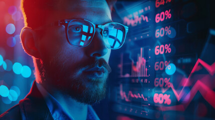 Aufkleber - Close-up of a businessman with glasses looking at glowing financial charts