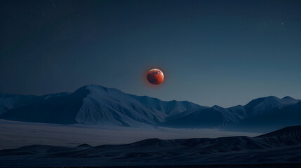Wall Mural - A red moon is in the sky above a mountain range