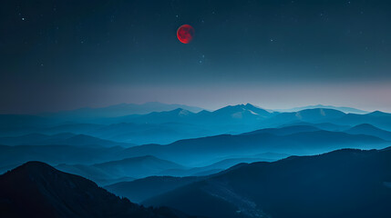 Wall Mural - A red moon is in the sky above a mountain range
