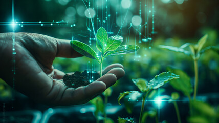 Double exposure digital agriculture and technology concept. Increasing productivity in agriculture with digital technology. Futuristic agriculture background.