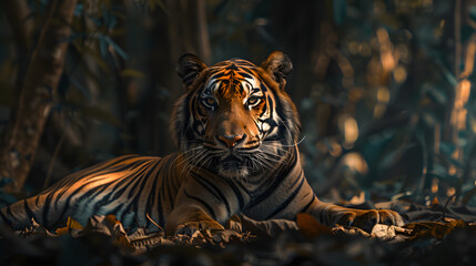 Wall Mural - A tiger is laying in the jungle, looking at the camera