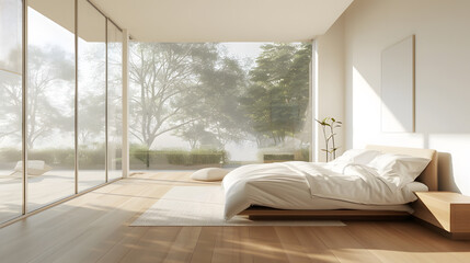 Wall Mural - A bedroom with a large window and a white bed