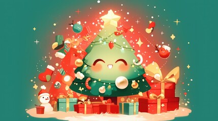 Sticker - A delightful kawaii Christmas tree sporting a cheerful grin awaits you This adorable green tree is beautifully adorned with festive decorations exuding a playful and joyous vibe Illustrated 