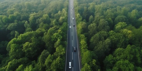 Wall Mural - road in the middle of the forest aerial view Generative AI