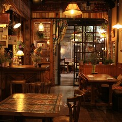 Poster - A restaurant with wooden tables and chairs, and a large window