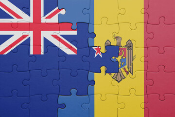 puzzle with the colourful national flag of moldova and flag of new zealand.