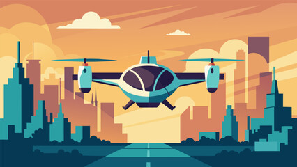 Wall Mural - Against the stunning cityscape the eVTOL rises effortlessly into the sky its vertical takeoff highlighting the potential for a new era of urban transportation.. Vector illustration