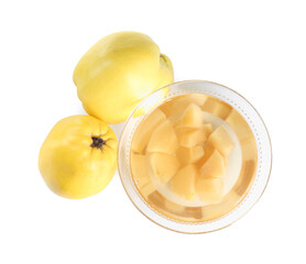 Wall Mural - Delicious quince drink in glass bowl and fresh fruits isolated on white, top view