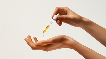 A woman's hand holds a pipette from which oil drips into the other hand. Personal care, beauty treatments, massage and spa