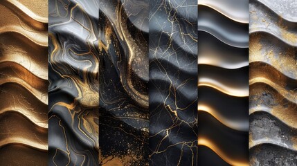 Wall Mural - Set of wavy luxury line cards with golden dynamic square backgrounds, posts and template. Ocean and stream. Art deco abstract patterns, texture for fabric, packaging design.