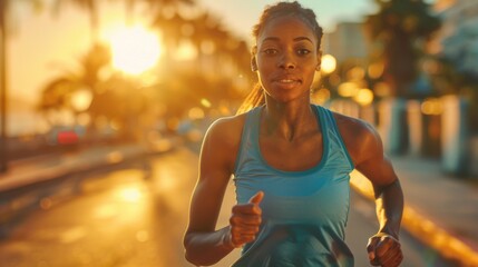 Wall Mural - African American woman focused while jogging during sunset in the city.