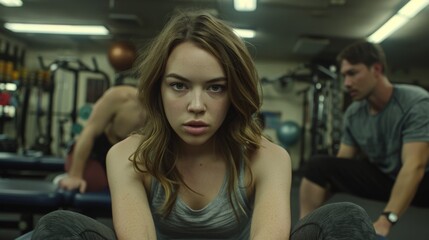 Wall Mural - A focused young woman exercises in a gym with a fitness trainer assisting her, surrounded by workout equipment.