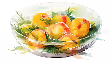 Wall Mural - Double Exposure, White Background, Peaches in a Bowl illustration ~ Created using Generative AI