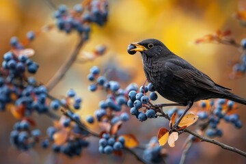 common blackbird feeding on blueberries closeup wildlife photography bird holding berry in beak