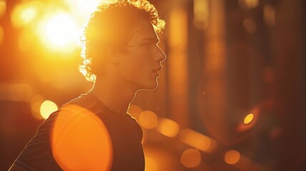 Wall Mural - Fit young man running on a treadmill bathed in warm light, capturing a moment of focus and intensity during a workout.