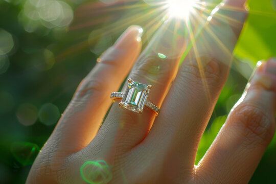 emerald cut diamond engagement ring on woman's finger, sunny background, close up shot, bokeh effect, high resolution photography, hyper realistic, sunlight from above, natural light