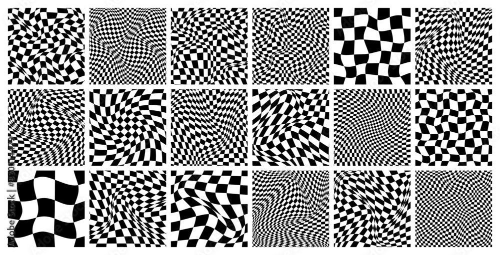 Trendy checkered pattern, black and white distorted tiled grid. Wavy ...