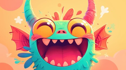 Poster - A cute and expressive happy monster face in a stylized cartoon cartoon style exudes joyful emotions