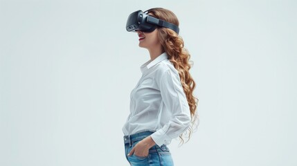 Young woman wearing virtual reality goggles on white background, 3d rendering