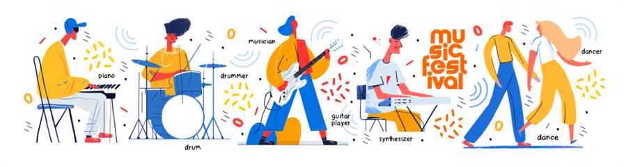 Poster - Musicians, musical instruments and dancers at a music festival. Vector trendy modern illustration of man playing synthesizer or piano, drummer with drums, guitarist with guitar, dancing couple isolate