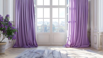 Wall Mural - Purple curtains in a neutral room, concept of realistic modern interior design
