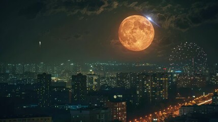 the atmosphere in the city is beautiful on a full moon night with a fireworks display. seamless loop