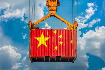 Crane lifting industrial container with Chinese flag, blue sky backdrop