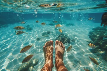 Wall Mural - Female feet under crystal clear water with little fishes. Relax concept, vacations