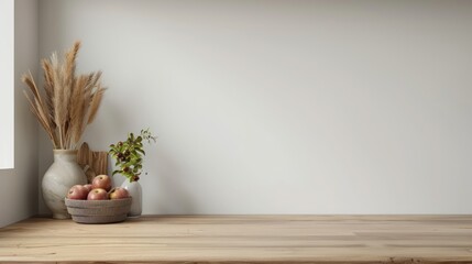 Wall Mural - Minimal kitchen counter mock up design for product presentation background or branding with wood counter white wall include vase with rice plant chopping block bread and fruit basket.