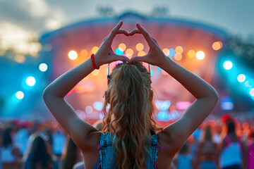hands shape heart sign at sunset beach music fest, crowd enjoys live concert. outdoor summer event, 