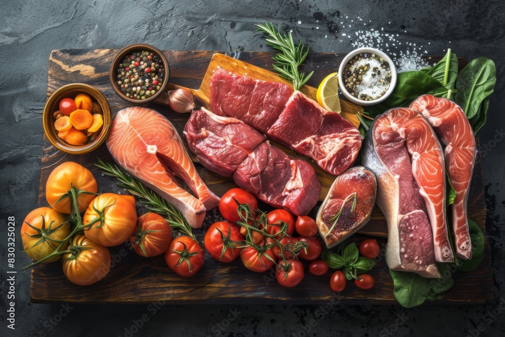 Many different types of meat on a cutting board, fresh meats and ...