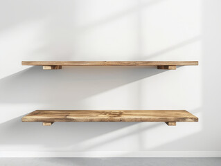 Empty two wooden shelves on white wall, modern interior.