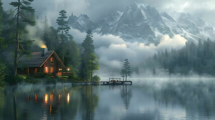 image of tranquil cabin nestled beside crystalclear mountain lake surrounded towering pine tree Smoke should curl chimney wooden dock should stretch out into calm water inviting visitor enjoy serenity