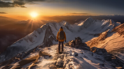 Hiker man with view of the sun setting behind the mountain range