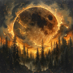 Wall Mural - a painting of a large orange moon surrounded by trees. the painting has a mood of mystery and wonder