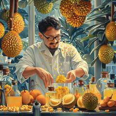 Wall Mural - Illustration of Malaysian chemist researching the chemistry of durian aroma compounds emphasizing food chemistry and sensory analysis