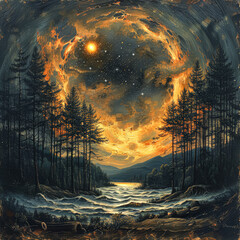 Wall Mural - a painting of a forest with a large yellow sun in the center. the sun is surrounded by a spiral of s