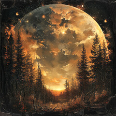 A painting of a large orange moon surrounded by trees. The painting has a mood of mystery and wonder, as the moon seems to be floating in the sky above the trees