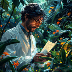 Wall Mural - Illustration of South American chemist studying the biodiversity of the Amazon rainforest focusing on medicinal plants and natural products chemistry