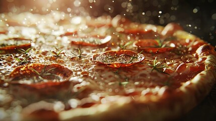 A pizza close up, food design, dynamic, dramatic compositions, with copy space
