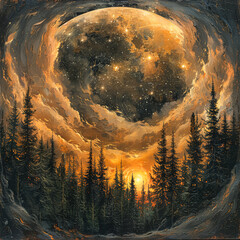 Wall Mural - A painting of a forest with a large yellow sun in the center. The sun is surrounded by a spiral of stars and clouds. The mood of the painting is serene and peaceful, with the sun
