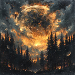Wall Mural - a painting of a large orange moon surrounded by trees. the painting has a mood of mystery and wonder