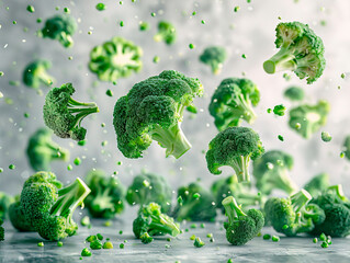 Fresh green broccoli falling on white background. photography of BROCCOLI falling from the sky, hyperpop colour scheme. glossy, white background