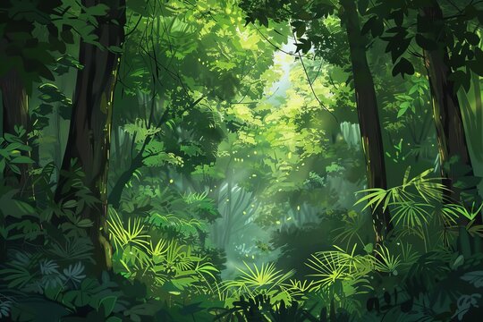 lush green forest with dense foliage and dark green background digital painting