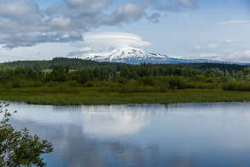 Wall Mural - Spring morning clouds on top of Mt. Adams over Trout Lake, Washington State