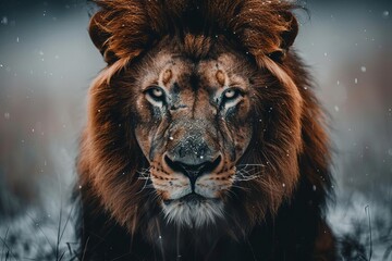 Wall Mural - majestic lion portrait with piercing eyes and golden mane powerful wildlife closeup