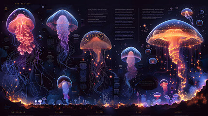 Wall Mural - Infographic explaining chemistry of bioluminescence showcasing the chemical reactions that produce light in organisms like fireflies and deepsea creatures