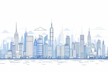 Wall Mural - Modern cityscape continuous one line vector drawing. Metropolis architecture panoramic landscape. New York skyscrapers hand drawn silhouette. Apartment buildings isolated minimalistic illustration 